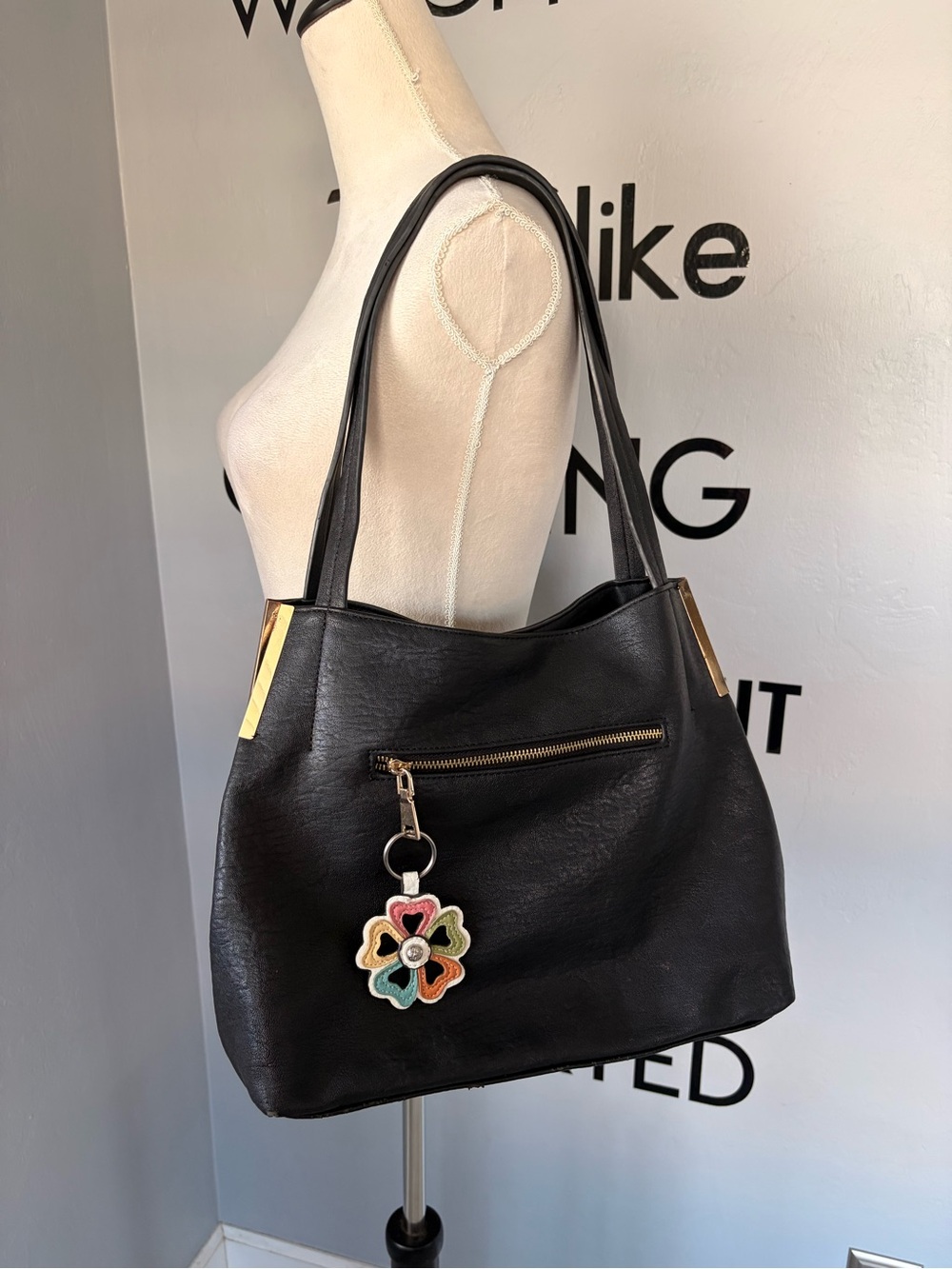 Madison West Black PU Leather Shoulder Tote with Multicolor Flower Charm